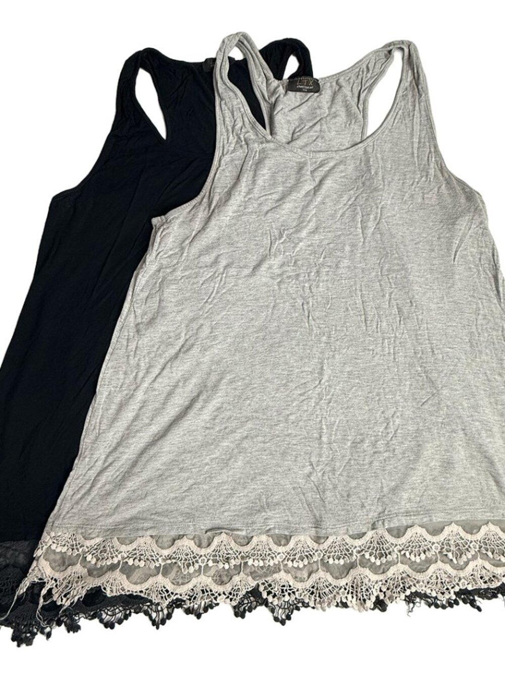Lot of 2 Women’s 2X Lace Trim Tank Tops Black & Gray Sleeveless Layering Tank
